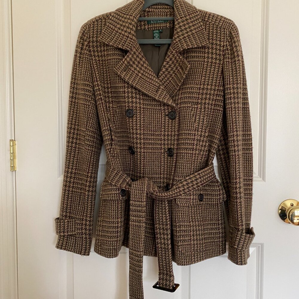 Vintage Ralph Lauren wool, double breasted tweed belted jacket